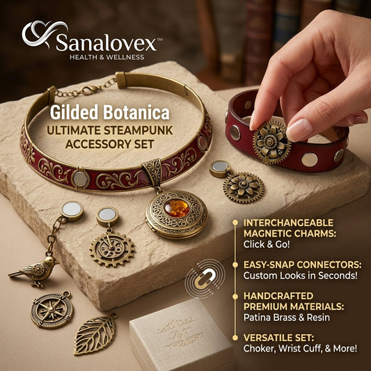 Sanalovex™ Gilded Botanica Steampunk Jewelry Set – Interchangeable Magnetic Choker & Wrist Cuff – Vintage Victorian Gothic Statement Accessories