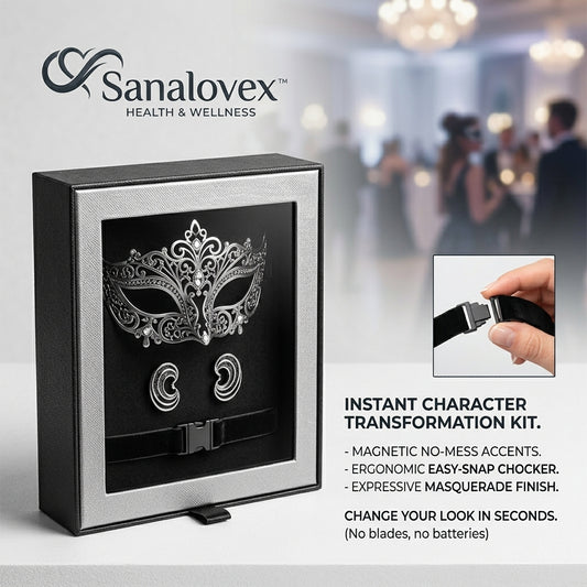 Sanalovex™ Instant Character Transformation Kit - Elegant Silver Filigree Masquerade Mask, Magnetic No-Mess Ear Cuffs, and Ergonomic Easy-Snap Velvet Choker Set for Halloween, Cosplay, Theme Parties, and Festivals