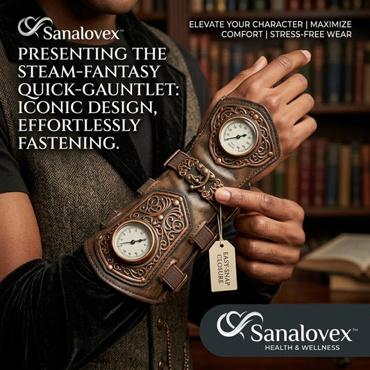 Sanalovex™ Steampunk Fantasy Quick-Gauntlet - Premium Distressed Leather Arm Armor Bracer with Easy-Snap Fastening, Decorative Dual Industrial Dial Gauges, and Ergonomic Comfort Support for LARP, Cosplay, and Vintage Fashion