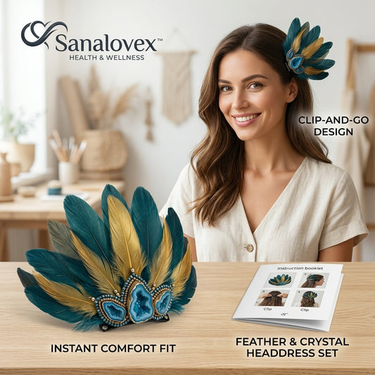 Sanalovex™ Feather & Crystal Headdress Set – Premium Boho Statement Hair Clip – Elegant Teal & Gold Geode Fascinator – Easy Clip-and-Go Design for Weddings, Festivals & Parties