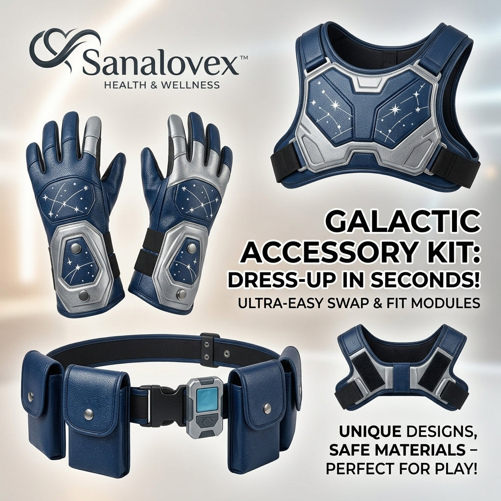 Sanalovex™ Galactic Space Explorer Costume Accessory Kit for Kids – 3-Piece Sci-Fi Hero Dress-Up Set with Adjustable Chest Plate Vest, Utility Belt with Pouches, and Constellation Gauntlet Gloves for Pretend Play, Cosplay & Halloween