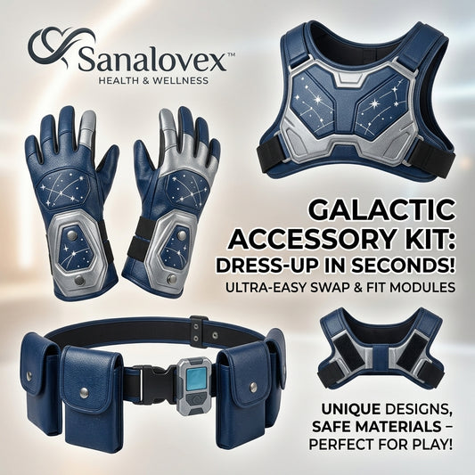 Sanalovex™ Galactic Space Explorer Costume Accessory Kit for Kids – 3-Piece Sci-Fi Hero Dress-Up Set with Adjustable Chest Plate Vest, Utility Belt with Pouches, and Constellation Gauntlet Gloves for Pretend Play, Cosplay & Halloween