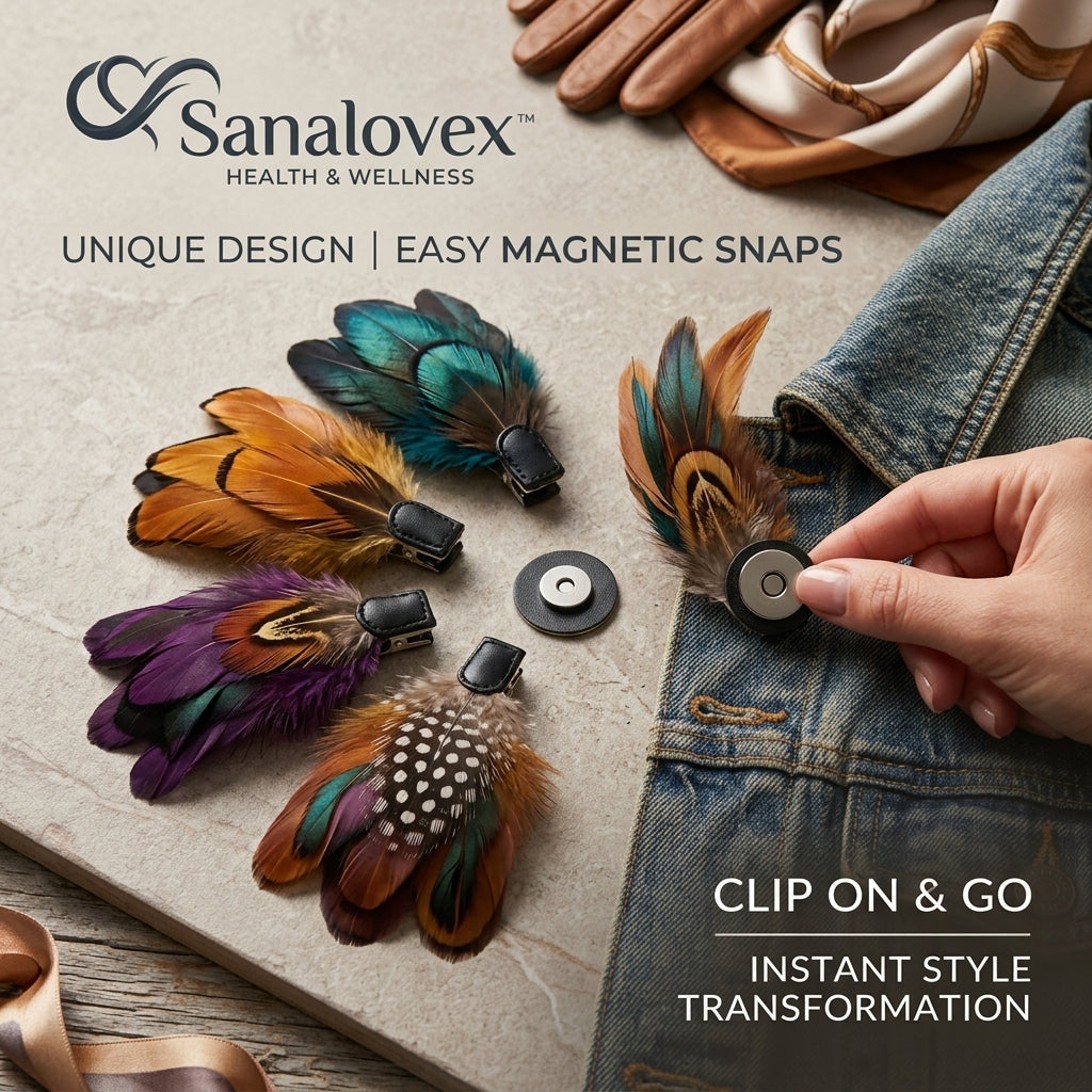 Sanalovex™ Magnetic Feather Brooch and Clip-On Accessory Set - 4-Pack Premium Handmade Natural Feather Lapel Pins for Jackets, Hats, Bags, and Boots - No-Damage Instant Style Transformation Magnetic Snaps